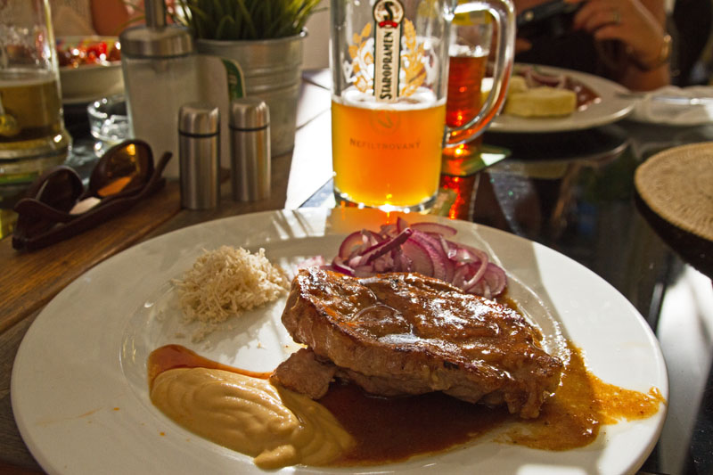 Steak and Staropramen Unfiltered Beer