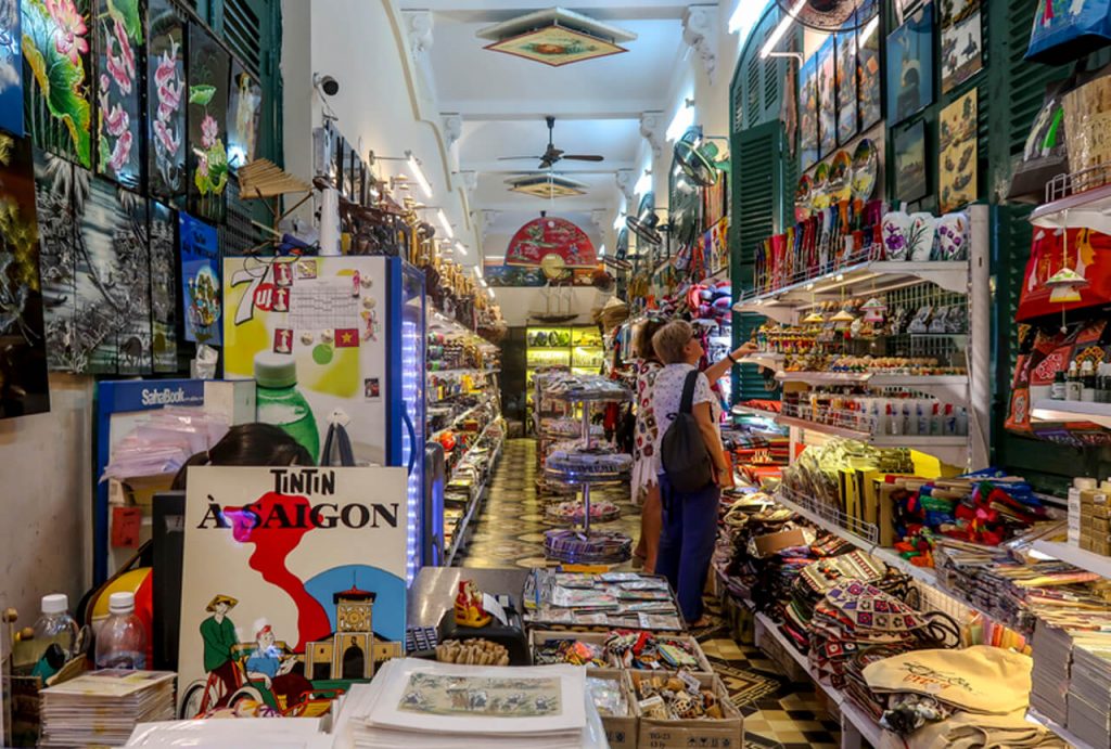 Looking for pin badges in a souvenir shop